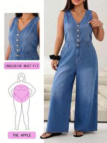 SHEIN CURVE+ 大尺碼女款V領百褶休閒日常牛仔連身褲 - 藍色 - 查看 6