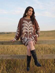CAJUNI Women's Casual Loose Round Neck Long Sleeve Palm Tree Print Vacation Dress - Brown - View 5