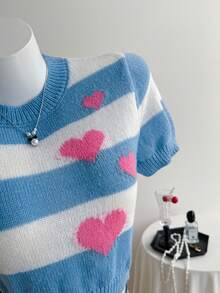 Elamini Heart Pattern Short Sleeve Cropped Women Knit Top For Summer Back-To-School Everyday Graduation School Blue And White Stripe Y2k - Blue and White - View 6