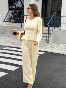 Serisse Women's Elegant Romantic Pale Yellow Pleated Ruffles Long Sleeve Top And Pants Casual Daily 2 Pieces Set Afternoon Tea Back To School Work - Light Yellow - View 10
