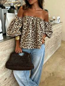Airaco Vacation Casual Leopard Print Shoulder Top - Multicolor - View 1