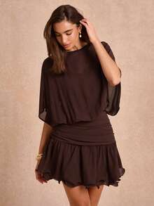 Enchnt Premium Pre-Fall Romantic Women's Elegant Brown Slimming Batwing Sleeve Ruffle Short Dress,Casual Dress,Work Outfits,Women's Formal Wear,Office - Brown - View 6