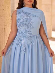 Aureia Vestido de noche elegante y romántico de talla grande, azul con lentejuelas, bordado, técnica de quemado, cuello redondo, sin mangas, cintura acampanada, bajo fruncido y holgado, adecuado para fiesta de noche, cita, baile, vacaciones, invitada de boda, vestido de gala con trabajo pesado - Celeste - Ver 5