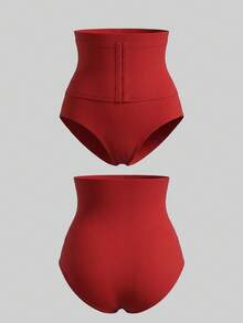 Nuvra 1 Peça Calcinha Modeladora de Cintura Alta Sem Costura com Abertura Frontal e Gancho para Controle e Elevação Abdominal - Vermelho - Visão 4