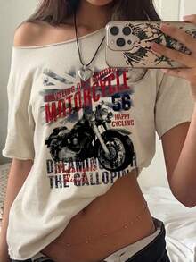 SHEIN EZwear 休閒極簡風摩托車字母街頭風圖案印花露肩落肩短袖寬鬆女款T恤，適合春夏穿著 - 彩色 - 查看 7