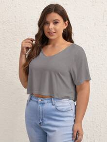 SHEIN BASICS Plus 1件純色V領短版T恤 夏季上衣 女款夏季穿搭 - 深灰色 - 查看 3