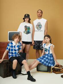 HARRY POTTER X SHEIN Tween Boy Ravenclaw House 1set Badge And Plaid Print Polo Shirt & Shorts - Blue - View 6