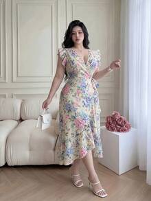 Vibekara Plus Size Women's Ruffle Flutter Sleeve Floral Print Waist-Defining A-Line Woven Dress - Yellow - View 1