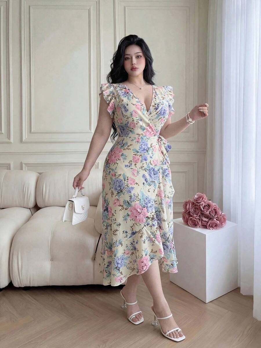Vibekara Plus Size Women's Ruffle Flutter Sleeve Floral Print Waist-Defining A-Line Woven Dress - Yellow - View 1