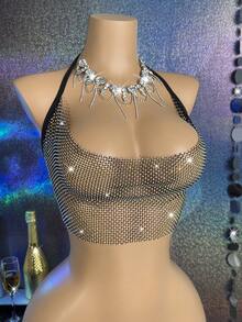 MidnightGlam Sujetador tipo cami con superposición de red de malla con strass para ropa de fiesta de vacaciones, lencería sexy para mujeres, luna de miel, caliente, noche de cita, lencería sexy de encaje, atuendo sexy - Negro - Ver 4