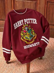 HARRY POTTER X SHEIN 全印花圆领长袖秋冬舒适休闲勃艮第条纹徽章和英文字母图案套头衫男士 - 白色 - 查看 1