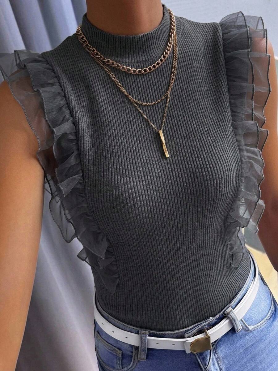 FRIFUL Women's Turtleneck Ribbed Tank Top With Mesh Ruffle Trim Sleeveless Layered T-Shirt Brunch Gray Autumn French Elegant - Dark Grey - View 1