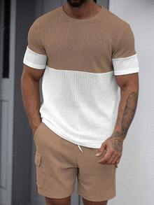 Manfinity CasualCool Men's Colorblock Crew Neck Short Sleeve T-Shirt And Drawstring Waist Shorts Casual Set - Multicolor - View 4