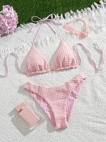SHEIN Holidaya Swim Mod Women's Sweet Pink Plaid Pattern Reversible Bikini Set - Multicolor - View 3