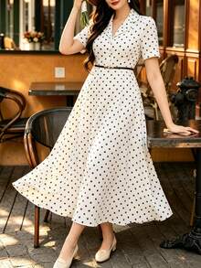 Auvina Plus Size Polka Dot Regular Shoulder Short Sleeve Elegant Summer Casual Dress - Apricot - View 4
