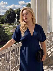Dripcurv Plus Size Women Summer Solid Color Deep V-Neck Pleated Design Casual Elegant Dress Vacation Outfits Country Clothing Date Night Birthday Navy Blue - Navy Blue - View 5