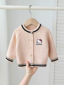HELLO KITTY AND FRIENDS | SHEIN GraphicGems Baby Girls Cardigans Embroidered Top Design Black Apricot Knit Sweater Baby Clothes Comfortable Soft Sporty All-Match Versatile Sweet Cute Casual Minimalist Daily Suitable For Autumn Winter Travel Outing Party Outdoor Play Picnic School - Apricot - View 3