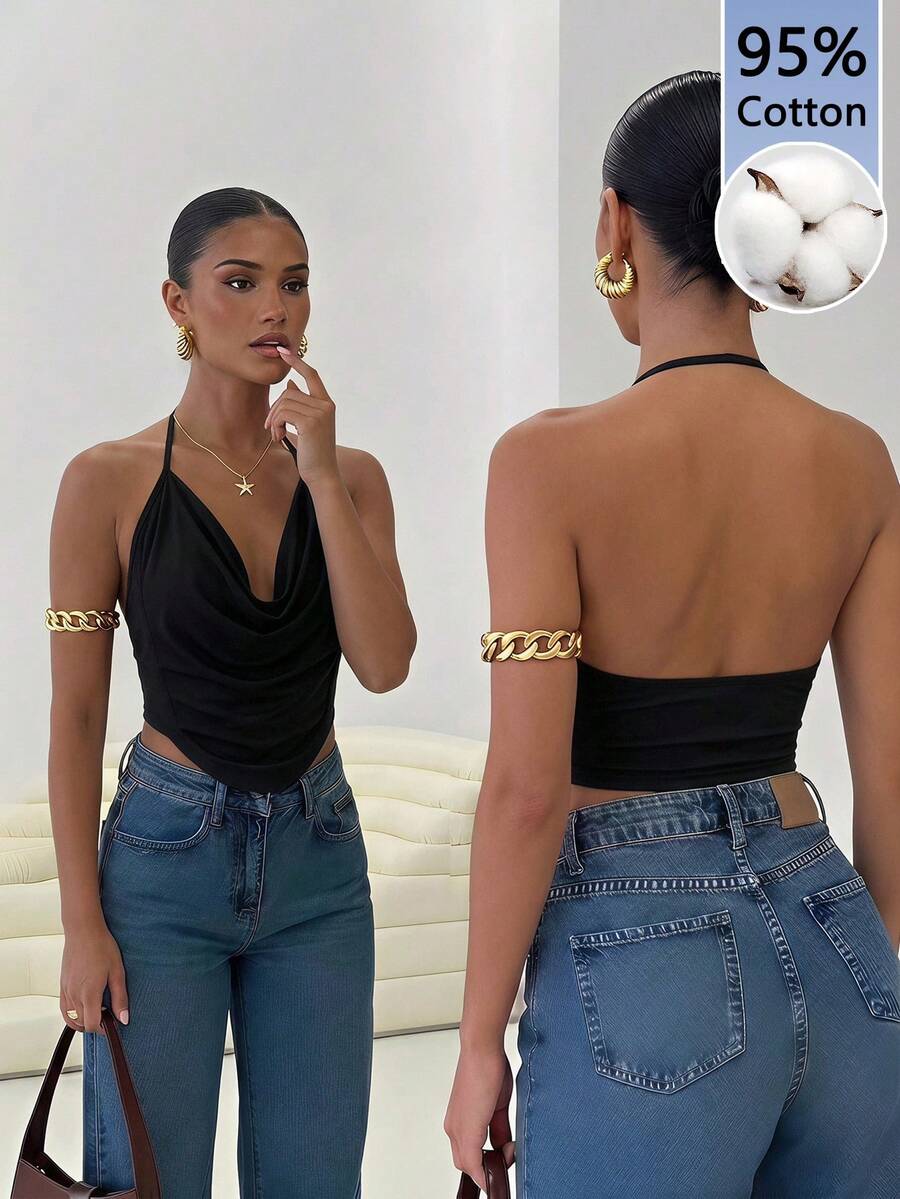 Firerie Solid Concert Draped Front Backless Party Club Date Night Night Out Halter Top Black Summer Sexy - Black - View 1