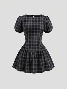 Sweetra Spring/Summer French Vintage Plaid Fashion Design Puff Short Sleeve Waist-Cinching Slimming Preppy Casual Short Dress For Women - Blue - View 1