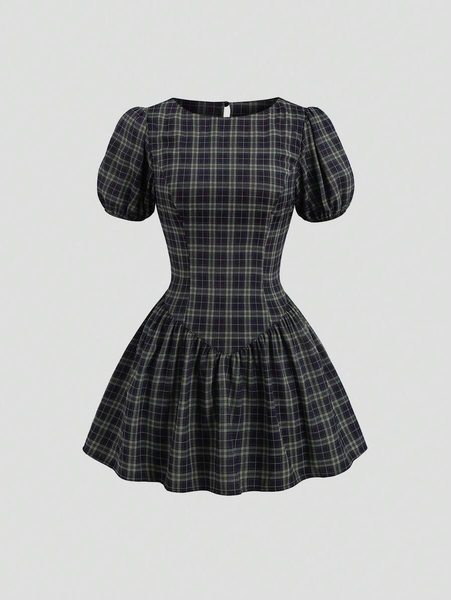 Sweetra Spring/Summer French Vintage Plaid Fashion Design Puff Short Sleeve Waist-Cinching Slimming Preppy Casual Short Dress For Women - Blue - View 1