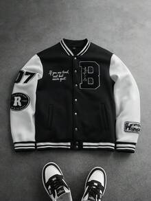 SLATEMANN Men's Letter Pattern Striped Long Sleeve Single-Breasted Baseball Jacket - Black - View 7