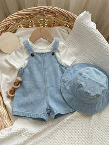 SHEIN 两件套男/女婴牛仔背带短裤和渔夫帽套装，休闲夏季装扮，适合居家、外出、海滩穿着 - 藍色 - 查看 3