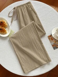 Elamini Pantalones largos casuales versátiles de unicolor con cintura de cordón para mujer, para uso diario y salidas - Caqui - Ver 7