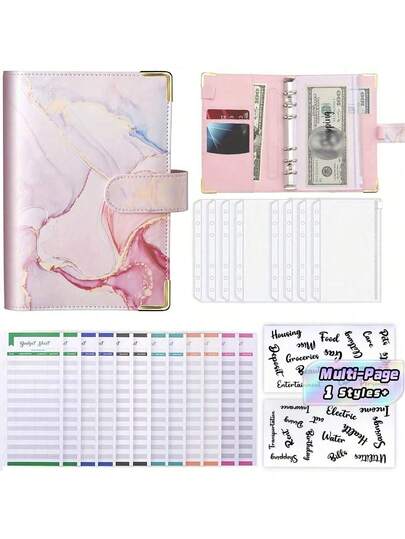 1 Pc Budget Binder, A6 Marble PU Leather Binder, Money Organizer Cash Envelopes Budget Planner With 8 Zipper Cash Envelopes, 12 Expense Budget Sheets & 2 Letter Label Sticker For Budgeting, Saving Money Back To School