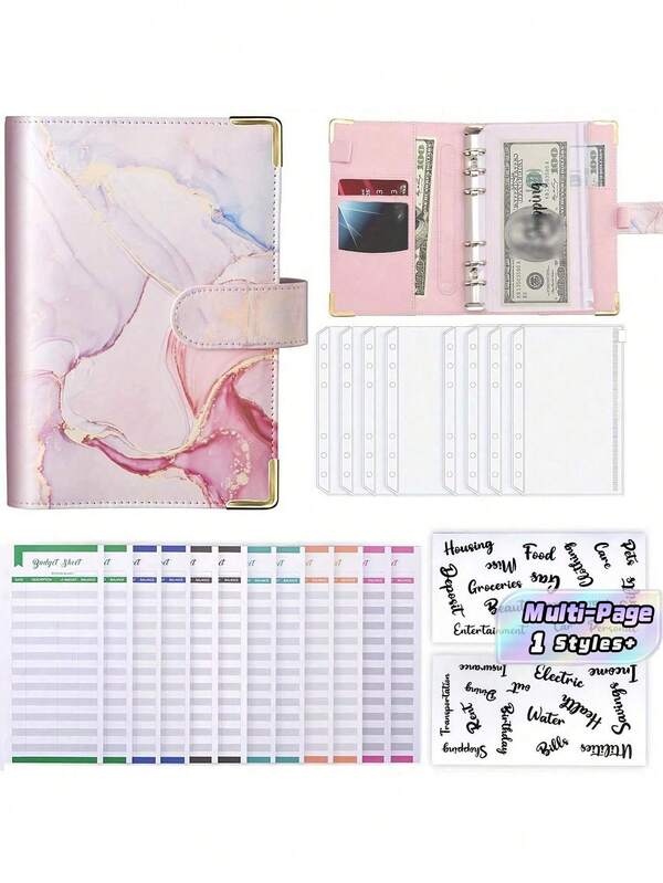 1 Pc Budget Binder, A6 Marble PU Leather Binder, Money Organizer Cash Envelopes Budget Planner With 8 Zipper Cash Envelopes, 12 Expense Budget Sheets & 2 Letter Label Sticker For Budgeting, Saving Money Back To School