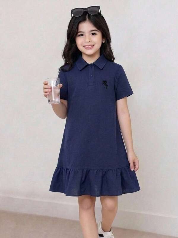 SHEIN Tween Girls Tween Girl Navy Blue Polo Collar Embroidered Pattern Ruffle Hem Casual Dress, School Uniform Style, Suitable For School, Outdoor Activities, Shopping, Daily Wear