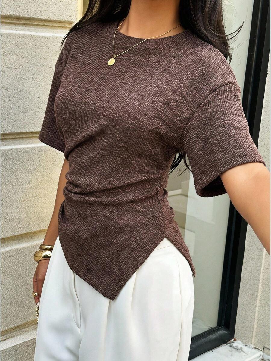 Aloruh Women's Casual Versatile Coffee Brown T-Shirt, Autumn T-Shirt, Round Neck T-Shirt, Waist-Cinching Asymmetrical T-Shirt Brunch Tops Going Out Tops