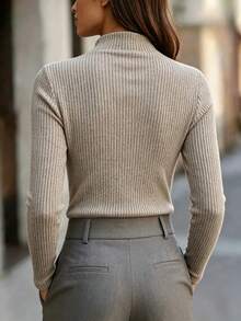 SHEIN Women's Elegant French Chic Vertical Rib Blouse Twist Mock Neck Decor Buttons Slim Fit Layering Tee - Apricot - View 2