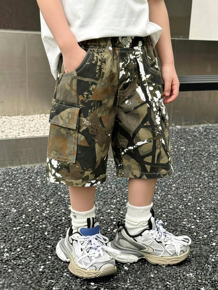 Toddler Boys' Denim Shorts, New Arrival, Fashion Minimalist Retro Street Camo Print Patch Pocket Design, Comfortable Cotton Denim Cargo Pants, Suitable For Casual Outings, Sports, Travel & Vacation - Khaki - View 1