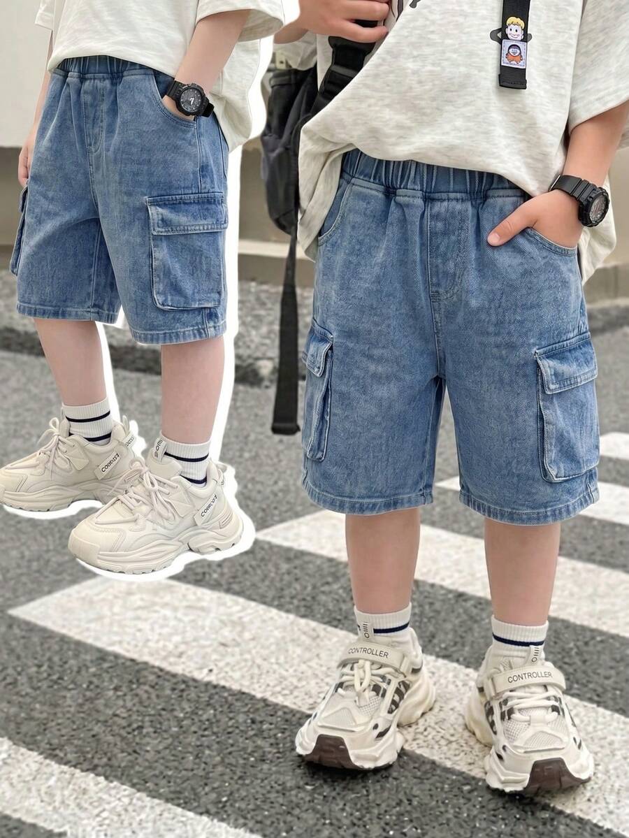 兒童小男孩日常簡約基本街頭風酷時尚新款多口袋水洗直筒寬腿休閒工裝牛仔短褲夏季新款牛仔工裝短褲 - 中等水洗藍 - 查看 1