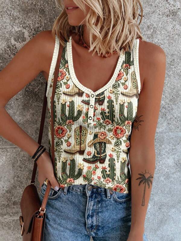 SHEIN LUNE Débardeur d'été grande taille imprimé cactus style western cowboy
