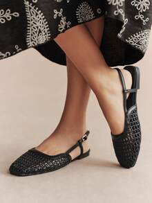 Rosivie 方頭平底女鞋，黑色編織材質，後繫帶 Slingback，休閒度假風，復古波希米亞風，舒適穿著 - 編織黑色 - 查看 7