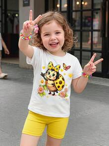 Cute Ladybug Print Colorblock Bow Tee And Shorts 2Pcs Set For Baby Girls, Refreshing Sweet Daily Outfit, Suitable For Spring/Summer, Daily Wear, Outdoor Play, Beach Holiday, Weekend Outing - Multicolor - View 1