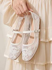 CUCCOO CHICEST 新款圓頭平底白色網紗刺繡縫珠女鞋 時尚優雅舒適華麗婚禮鞋 - 網紗白色 - 查看 5
