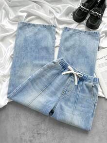 SHEIN 青少年女孩休閒水洗直筒牛仔褲 - 淺色水洗藍 - 查看 4