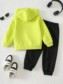 SHEIN Kids Young Boys Winter Warm Active Tracksuit With Bright Green Zipper Hoodie And Black Sweatpants Fall - Multicolor - View 3