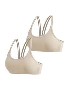 SHEIN Cheerettes 女款黃色休閒日常運動內衣 2件組 柔軟彈性面料 可拆式胸墊 多條式背帶 適合瑜珈健身房穿著 - 杏色 - 查看 4
