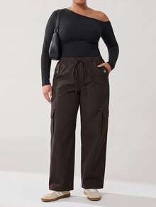 Solavibe Plus Size Women Solid Color Drawstring Waist Pocket Casual Daily Sweatpants,Brown Cargo Pants For Women,Plus Size Brown Drawstring Multi Pocket Cargo - Rust Brown - View 10