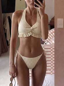 SHEIN Swim Set Bikini Halter Berkerut Depan Model Twist-Front untuk Liburan Pantai Musim Panas Wanita - Aprikot - View 1
