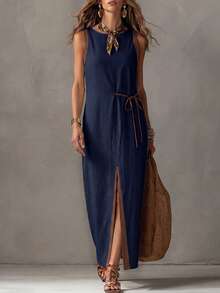 SHEIN Damen Farbblock Split Design Lässig Alltag Sommer Maxikleid - marineblau - Übersicht 3