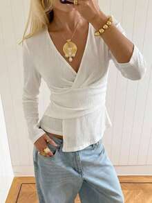 Aloruh Elegante maglietta casual da donna con scollo a V, maniche lunghe, stile minimalista, top versatile per tutti i giorni - Albicocca - Visualizzare 4
