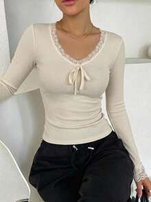 DAZY Women's V-Neck Lace Patchwork Slim Fit Base Layer Top - Apricot - View 1