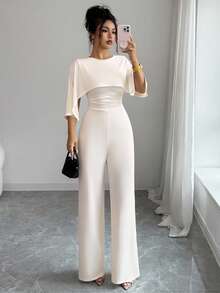 Elenzga Women's French Elegant Apricot Cape-Style Spliced High Waist Wide Leg Jumpsuit - Apricot - View 8