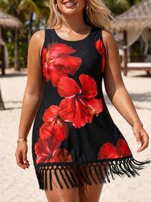 SHEIN Swim Plus Size Women's Striped Pullover Tassel Hem Fashion Cover-Up - Multicolor - View 6