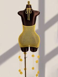 Zestiva Dopamine Yellow Handmade Crochet 3D Rose Tassel Halter Neck ...