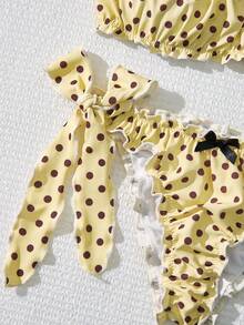 Swim Mod Set Pakaian Renang Wanita untuk Liburan, Atasan Camisole Motif Polkadot dengan Dekorasi Pita 3D dan Bawahan Bikini Segitiga - Aprikot - View 5